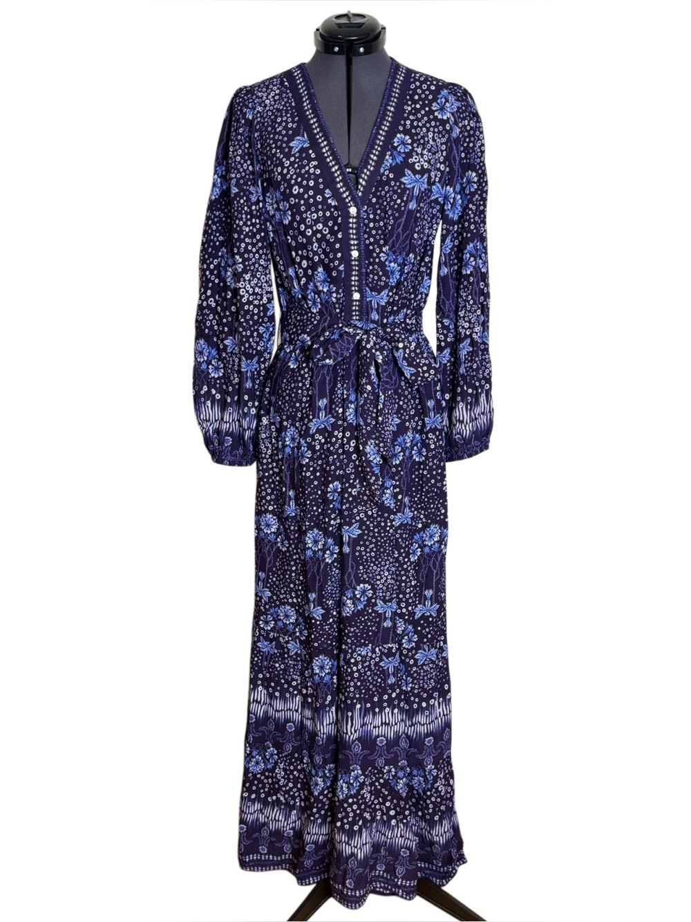 CELINA MOON Navy and Light Blue Floral Maxi Dress